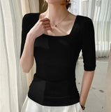 Sleeve Square Collar Slim Cotton T-shirt Tee Girls Solid Summer Basic High Elasticity Tshirts Crop Tops For