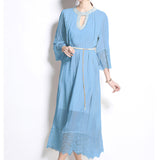Luxury Famous Dress Women Spring Diamond Seven-Sleeve Mesh Splicing Design Chic Temperament