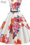 Women Summer Floral Beach Sleeveless Party Midi with Belt Elegant Vintage A Line