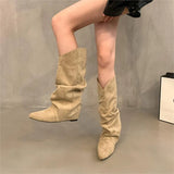Heightening Apricot-Coled Velvet Pile Of Mid-Cvalry Knight Boots Women's Shoes 2025 Spring And Autumn Winter Pointed Retro Long-Singer Long