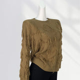 Zingj Not Pierced Hole Round Neck Tassel Sweater Women's Design Sense Bottom Waste Earthen Top Loose