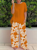 Plus Code Lady Two-Set Set Of Stylish Short-Sleeved Round Collar Top Wide Leg Trousers Print Casual
