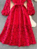 Yellow/Red/White Hollow Out Lace Long Dress Vintage O-Neck Puff Sleeve High Waist A-Line Big Swing Maxi Party Vestido