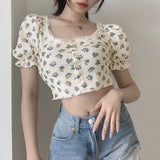 Zingj Summer Vintage Floral Short T-Shirt Women's Collar Puffed Sleeves Show Navel Top