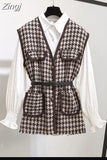 Lantern Sleeve Shirt Women Houndstooth Tweed Vest 2 Two Piece Set 2023 Spring Autumn Womens Shirts Sets Sleeveless Tops