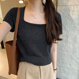 Version Of Knitted Short-Sleeved T-Shirt Women's New Summer Slim Thin Solid Color Full-Length Short-Style Blouse