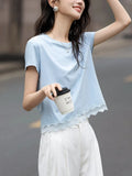 Style Lace Splicing Design Short-Sleeved T-Shirt 2025 Summer New Age-Reduce Round Collar Small Short