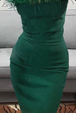 Fur Feather Patchwork Sexy Women Knee Length Dress 2023 Strapless Off Shoulder Party Elegant OL Pencil Dress