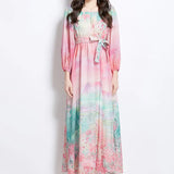 Holiday Style Dress 2025 New One-Word Shoulder Strap With Waist Lantern Sleeve Print Chiffon Long Dress
