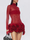 Short Dress Women's Dress 2025 Autumn New Splicing Sexy Hot Girl Three-Dimensional Flowers Thin Dress Dress