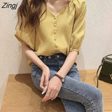 Women Summer Chiffon M-4XL V-neck Single-breasted Elegant Lantern Sleeve Leisure Korean Style Loose All-match Newest