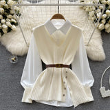Zingj New Light Ripe Wind Outside Wear Loose Lapel Splicing White Shirt V Collar Diagonal Buckle Knit Vest Two