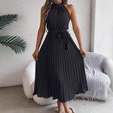 Shooting 2025 Spring And Summer Elegant Tie Without Sleeves To Close The Waist 100 Folding Long Dress Women's