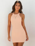 Zingj Spring And Summer Sexy Ribbed Small Halter Dress Solid Color Knit Show Thin Commuter