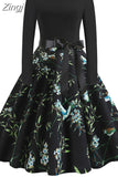 Christmas Dresses Women 50S 60S Vintage Robe Swing Pinup Elegant Party Dress Long Sleeve Casual Print