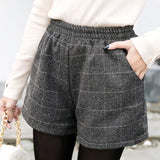 Sale Shorts Women Elastic Waist Plaid Pockets Winter Thicker Fashion Retro Harajuku Elegant Korean Style Loose Chic Ins