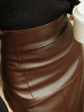Spring Autumn Soft Brown Faux Leather Maxi Skirt Women with Back Slit High Waist Long Luxury Elegant Office Clothes