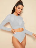 Long-Sleeved Hooded Yarn Bikini Swimsuit Split High-Waist Triangle Three-Piece Set Swimsuit