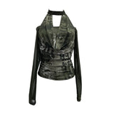 Hottie Hanging Neck A Word Shoulder Collar Long Sleeve Mesh Yarn T-Shirt