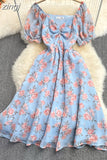 Women Sexy Floral Chiffon Dress Female Elegant V-Neck Short Sleeve High Waist A-Line Beach Vestido Casual Party Robe