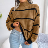Shooting 2025 Autumn And Winter Casual Striped Lantern Sleeve Half-High Collar Knitted Sweater Women's