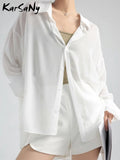 Green Transparent Shirts For Women Summer Chiffon Loose Long Sunscreen Shirts Oversize Thin White Shirt Outerwear