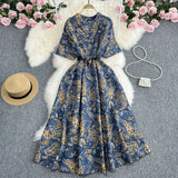 Zingj Summer New Temperament Shirt Dress Female Print Close Waist Over The Knee Big Place Socialite Floral Long Skirt