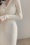 Knitted Sweater Long Sleeve Dresses Women Slim Bodycon Korean Elegant Fall Winter Button V Neck Sweater Midi Woman