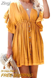 Women Beach Cover Up Dress Sexy Deep V-Neck Ruffle Short Sleeve Drawstring Dress Loose Bikini Cover Ups