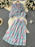 Autumn Women Draped Floral Two Piece Set Vintage Flower Printed Ruffle Blouse + High Waist Pleated Skirt 2Pcs Suits