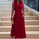 Zingj 2024 New V-Neck Sleeveless Solid Color Lapel Pleated Long Temperament Dress Female-Outfit