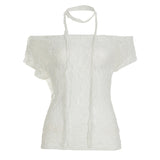 Pure Babes Perspective Lace Lace Shoulder Strap Around The Neck Solid Color Short-Sleeved T-Shirt