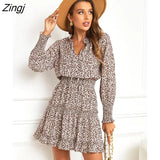PETAL Brown Leopard Mini Dress For Woman Sexy Split Neck Long Sleeve Party Dress 2023 Spring Autumn Female