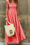 Strap Dress Women Summer Plaid Boho Long Dress Ldies Elegant Square Collar Maxi Beach A-line Sleeveless Dress