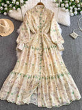 Retro Court Wind Hollow Lace Splicing Lantern Sleeve Collection Waist Single Buckle Print Dress 2025 Spring