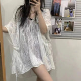 Zingj V-Collar Hollowed-Out Short-Sleeved Sweater Women's Wear Thin Style Design Unique Chic Loose