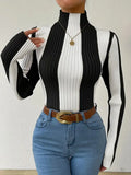 Women's Spring And Autumn Classic Black And White Bumpy Knitted Jersey Slimming Inside