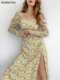Floral Print Midi Dress Women Long Sleeve Puff Sleeve Side Split Lady Elegant Square Collar Casual Floral Long
