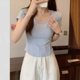 Zingj U Collar Short-Sleeved T-Shirt Women 2023 Summer New Korean Version Slim High Waist Short Style Students Pure Color Jacket