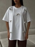 Spring And Summer New Sweet Bow Splicing Short-Sleeved T-Shirt Women's Round Collar Loose Cotton