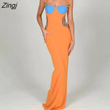 Metal Shell Spaghetti Strap Women Dress Orange Patchwork Hollow Out Maxi Dress Female Skinny Elegant Party Clubwear