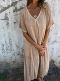 New Leisure Spring And Summer Loose Skirt Short-Sleeved V-Neck Solid Cotton