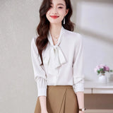 Spring New White Shirt Women Bow Ribbon Elegant Shirts Fashion Womens Tops Satin Female Clothing OL Silk Shirts and