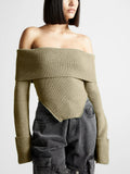 Zingj 2024 New Fashion Temperament One Word Shoulder Slim Slim Long-Sleeved Sweater Women's Solid Color Back