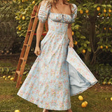 Women's Long-Term 2025 Women's Dress New Dress Summer Short-Sleeved French Fresh Floral Dress Square