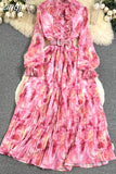 Autumn Bohemian Tie Dye Pleated Long Dress Women Elegant Stand Collar Ruffle Single Breasted Lantern Sleeve Draped