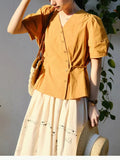 Explosion In Korean Version Of The Slanted Buckle V-Neck Short-Sleeved Shirt Women's Art Retro Princess Sleeve Loose Thin