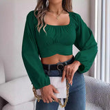 Shooting Spring And Summer Leisure Lantern Sleeves With Waist Chiffon Umbilled Tops Women's