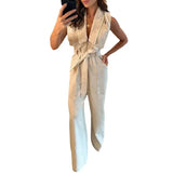 Zingj New Fashion Polo Collar Waist Solid Color Wide-Leg Jumpsuit Woman-Outfit