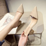 Spring And Summer Net Red Transparent Pointed Thick Heel High Heels Women In The Head Half Slippers Lazy